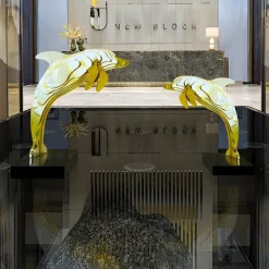 Statues & Sculptures Floor Standing|Abstract^Aqua Dolphin 105cm Gold Metal Garden Sculpture