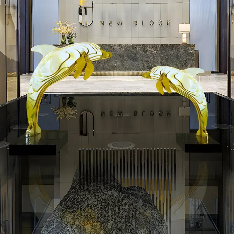 Statues & Sculptures Floor Standing|Abstract^Aqua Dolphin 105cm Gold Metal Garden Sculpture