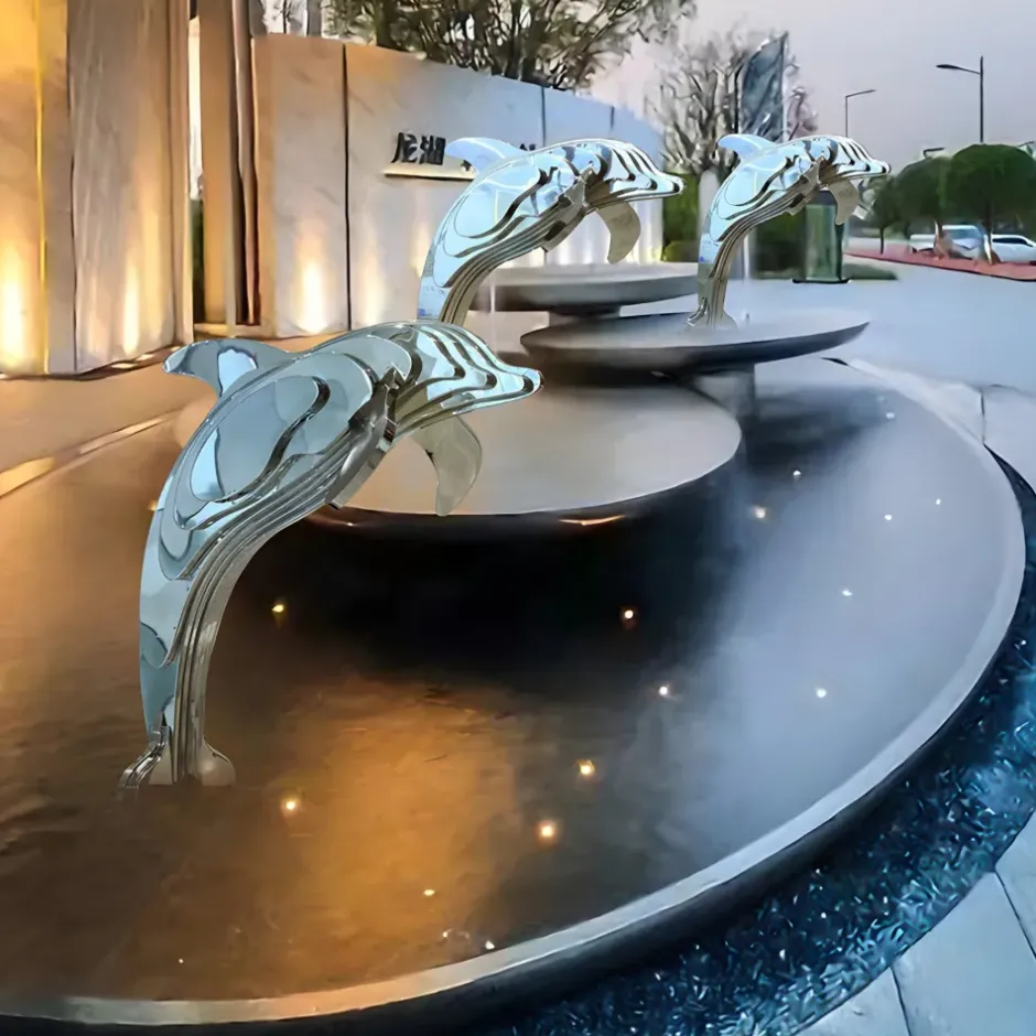 Statues & Sculptures Table Top|Floor Standing^Aqua Dolphin 70cm Silver Metal Garden Sculpture