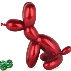 Statues & Sculptures Table Top|Floor Standing^Balloon Dog & Bone 46cm Red Resin Indoor Sculpture