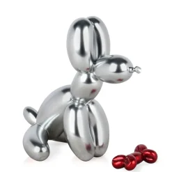 Statues & Sculptures Table Top|Floor Standing^Balloon Dog & Bone 28cm Silver Resin Indoor Sculpture