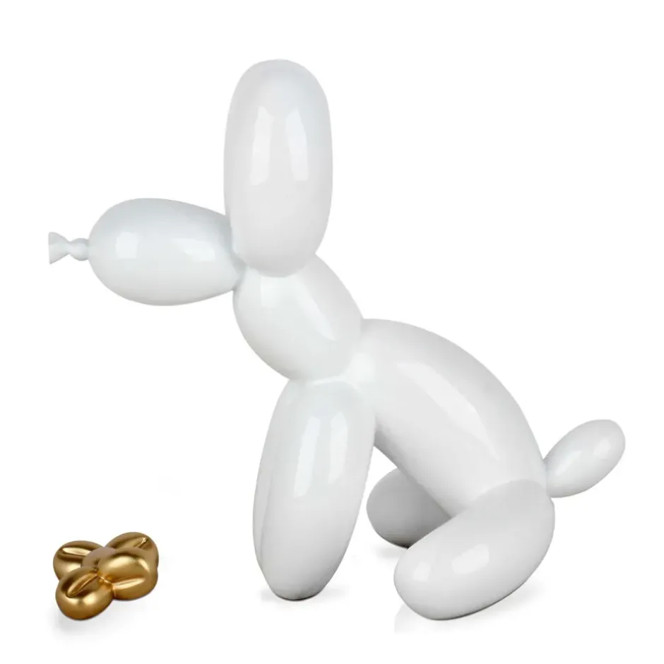 Statues & Sculptures Table Top|Floor Standing^Balloon Dog & Bone 28cm White Resin Indoor Sculpture