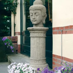 Statues & Sculptures Buddha^Buddha Head Stone Garden Ornament on Pedestal