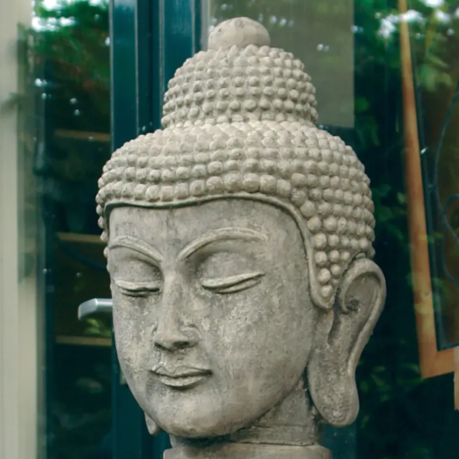 Statues & Sculptures Buddha^Buddha Head Stone Garden Ornament on Pedestal