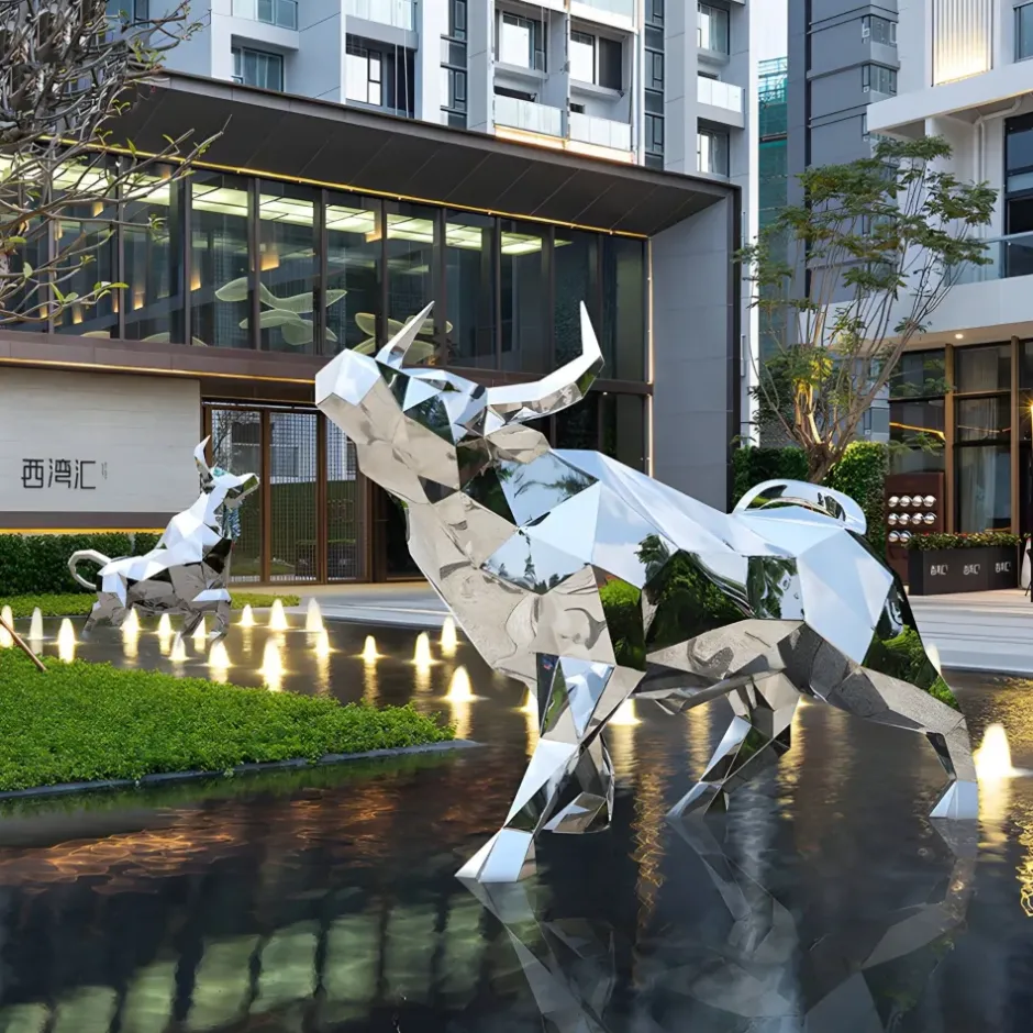 Statues & Sculptures Farm|Contemporary^Bull 146cm Geometric Metal Garden Sculpture