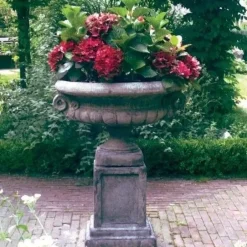 Statues & Sculptures Large|Round^Edwardian Stone Garden Planter on Plain Pedestal