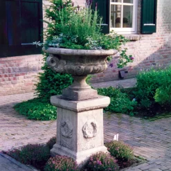 Statues & Sculptures Large|Round^Edwardian Stone Garden Planter on Laurel Pedestal