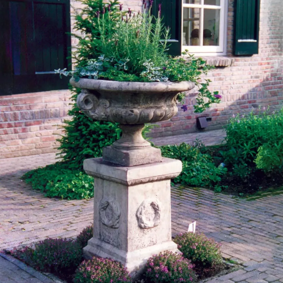 Statues & Sculptures Large|Round^Edwardian Stone Garden Planter on Laurel Pedestal