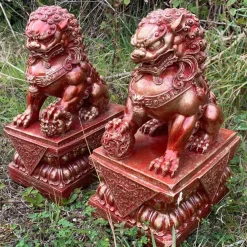 Statues & Sculptures Lions^Foo Dogs 45cm Red Chinese Garden Statues