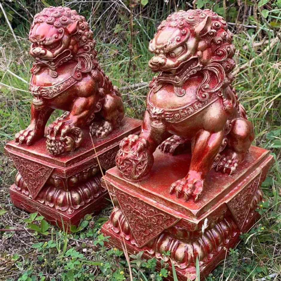 Statues & Sculptures Lions^Foo Dogs 45cm Red Chinese Garden Statues