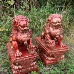 Statues & Sculptures Lions^Foo Dogs 45cm Red Chinese Garden Statues
