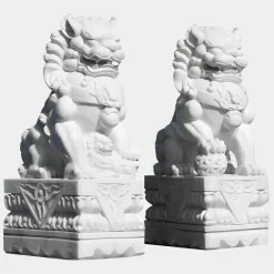 Statues & Sculptures Lions^Foo Dogs 120cm White Marble Garden Statues