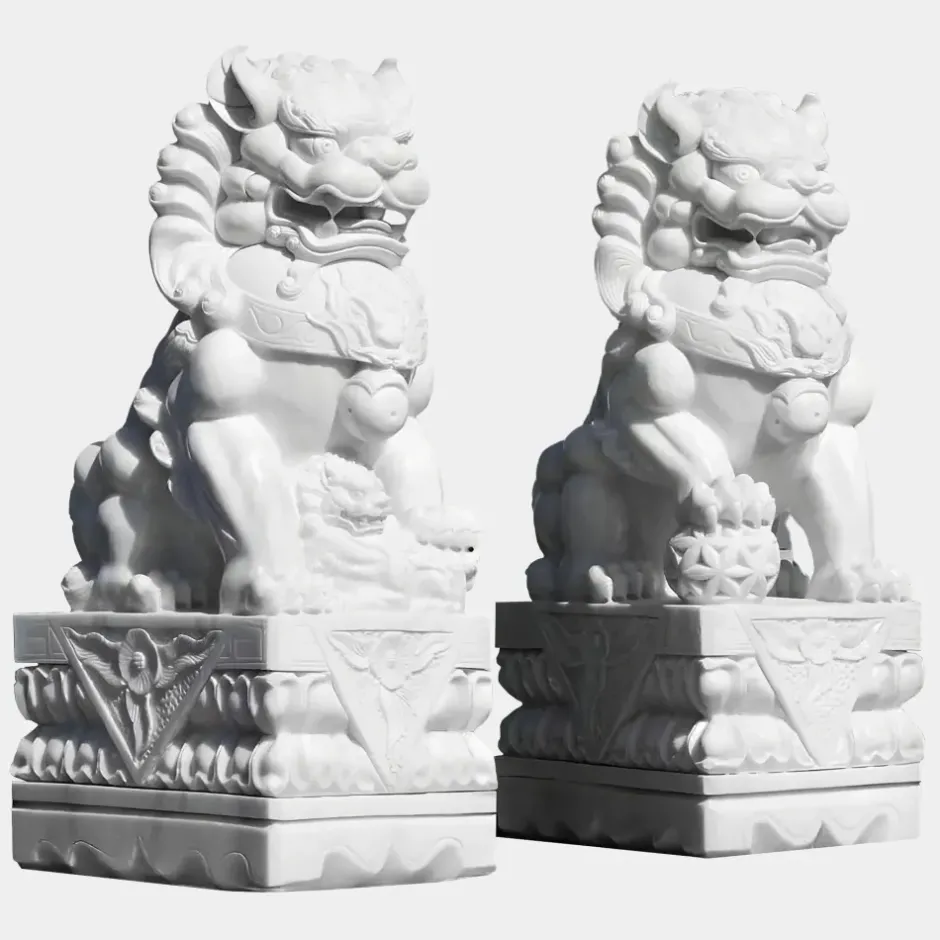 Statues & Sculptures Lions^Foo Dogs 120cm White Marble Garden Statues