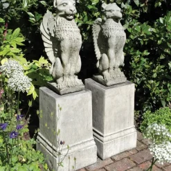 Statues & Sculptures Lions|Griffins^Gothic Griffin & Lion on Pedestal Stone Garden Statues