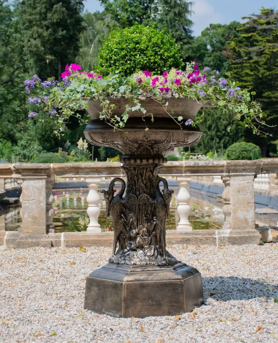 Statues & Sculptures Round^Grand Swan Urn Bronze Metal Garden Planter