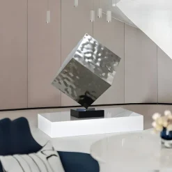 Statues & Sculptures Table Top|Abstract^Hyper Cube 75cm Silver Metal Indoor Sculpture