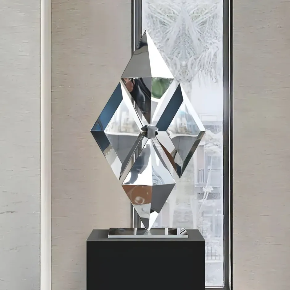 Statues & Sculptures Floor Standing|Low Poly^Hyper Prism 103cm Silver Geometric Metal Indoor Sculpture