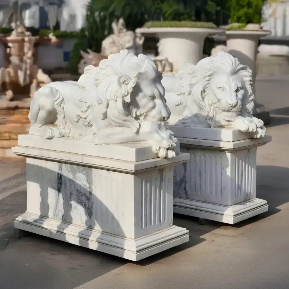 Statues & Sculptures Lions|Modern^Imperial Lion 120cm White Marble Garden Statue