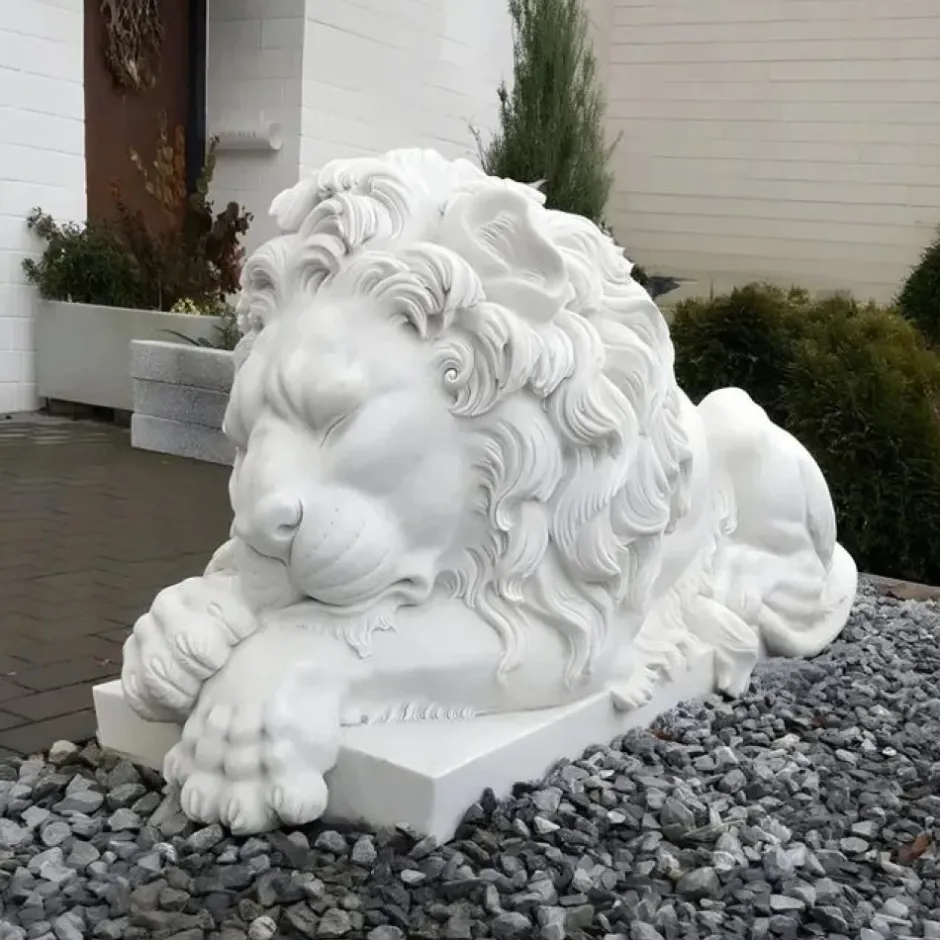 Statues & Sculptures Lions|Modern^Imperial Lion 100cm White Marble Garden Statue