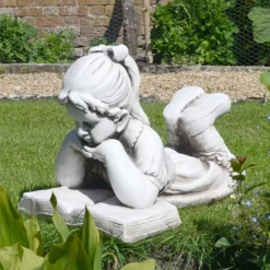 Statues & Sculptures Children^Laying Reading Girl 34cm Stone Resin Garden Statue