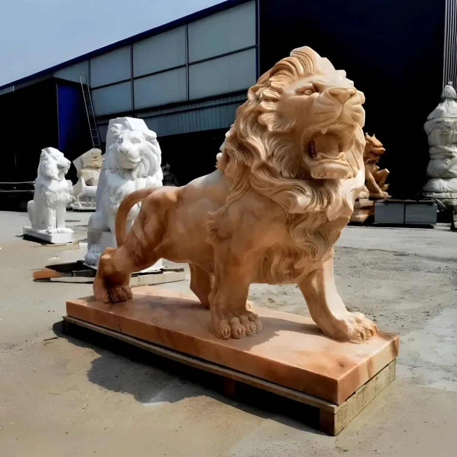 Statues & Sculptures Lions|Modern^Majestic Lion 120cm Yellow Marble Garden Statue v2