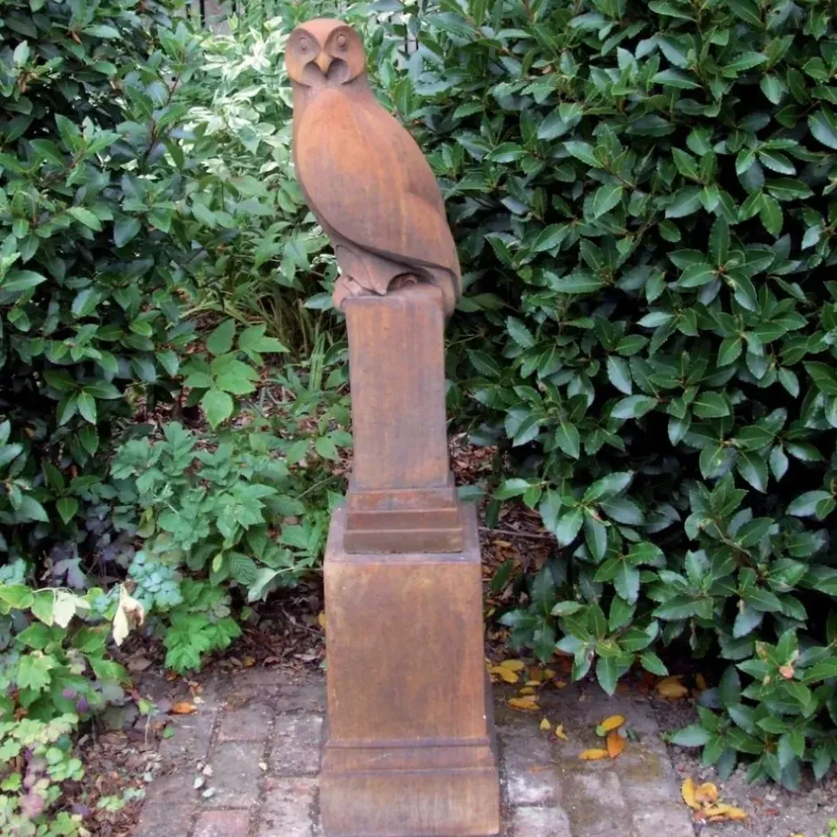 Statues & Sculptures Owls^Owl on Pedestal Modern Stone Garden Statue (Rust)
