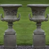 Statues & Sculptures Large|Round^Pair of Grecian Stone Garden Planter Urns on Pedestals
