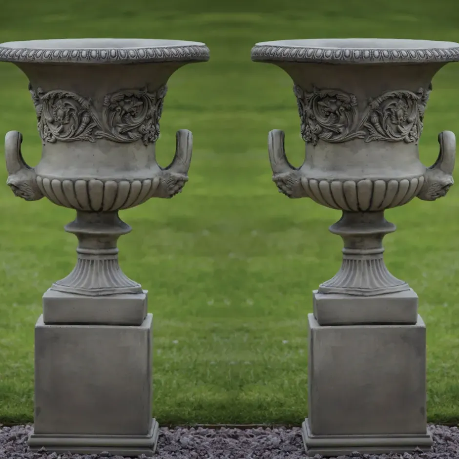 Statues & Sculptures Large|Round^Pair of Grecian Stone Garden Planter Urns on Pedestals