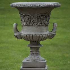Statues & Sculptures Large|Round^Pair of Grecian Stone Garden Planter Urns on Pedestals