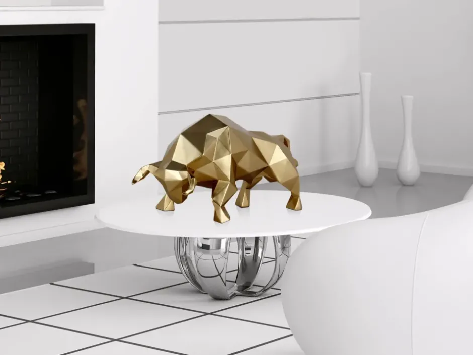 Statues & Sculptures Table Top|Low Poly^Polygon Bull 25cm Gold Resin Indoor Sculpture