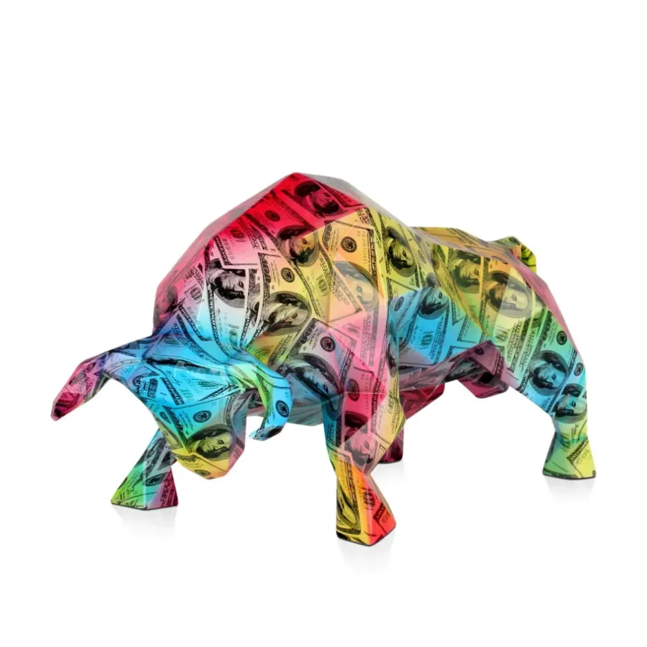 Statues & Sculptures Table Top|Low Poly^Polygon Bull 25cm Multicoloured Resin Indoor Sculpture