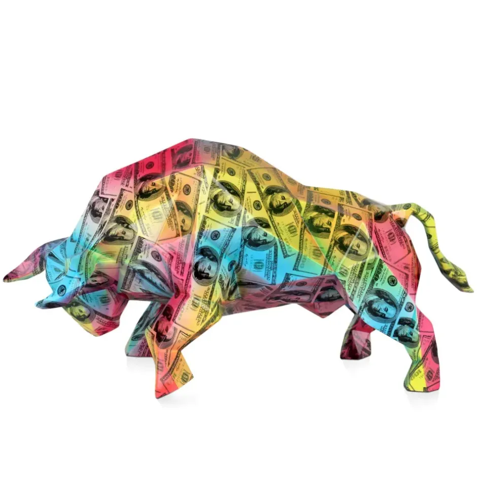 Statues & Sculptures Table Top|Low Poly^Polygon Bull 25cm Multicoloured Resin Indoor Sculpture