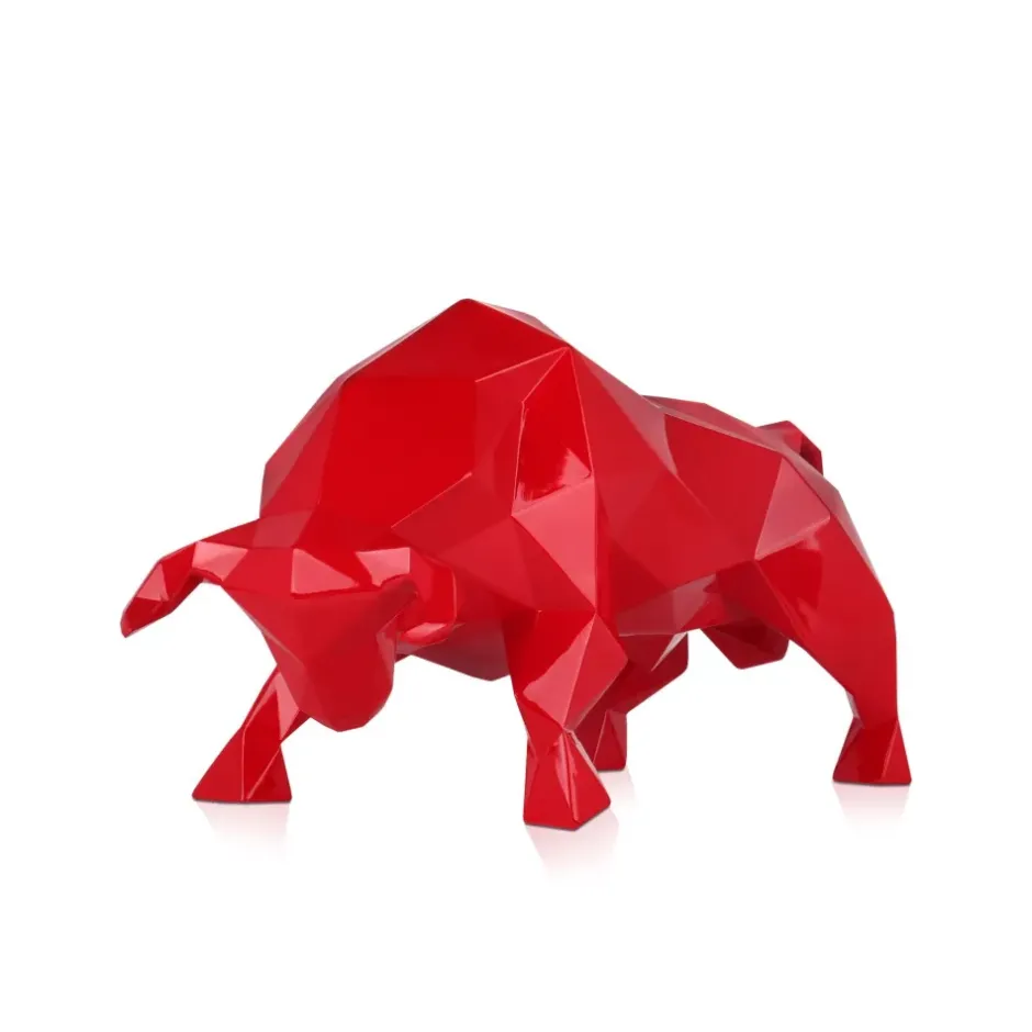 Statues & Sculptures Table Top|Low Poly^Polygon Bull 25cm Red Resin Indoor Sculpture