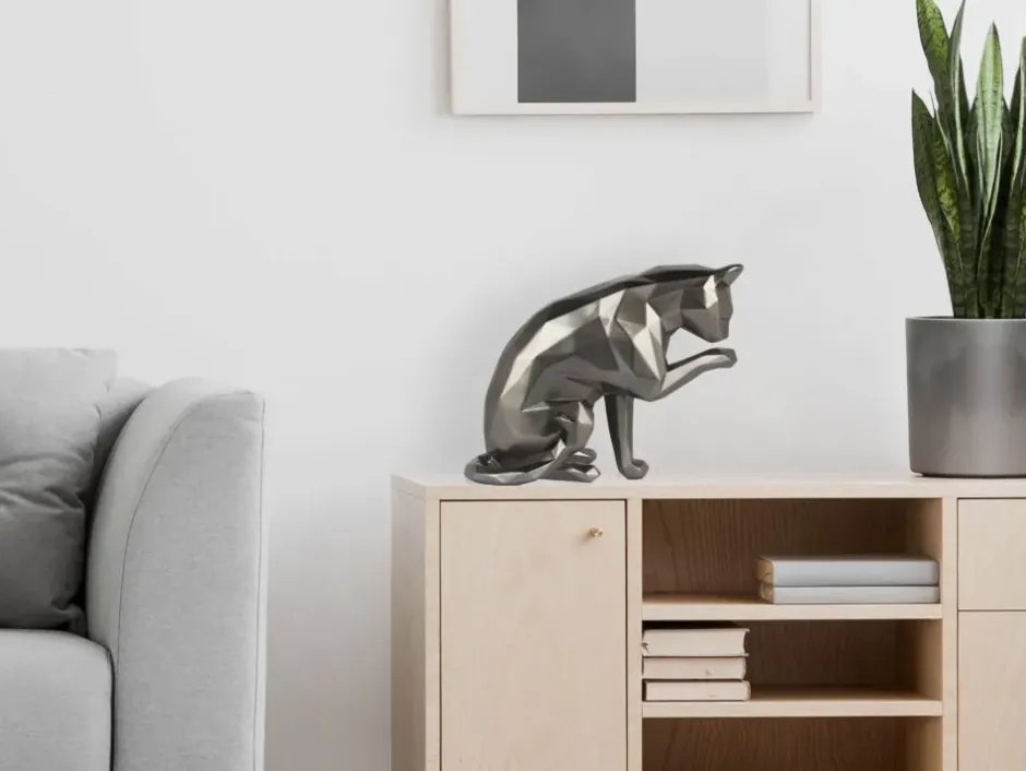Statues & Sculptures Table Top|Low Poly^Polygon Cat 24cm Anthracite Resin Indoor Sculpture
