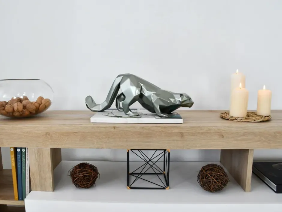 Statues & Sculptures Table Top|Low Poly^Polygon Leopard 15cm Anthracite Resin Indoor Sculpture