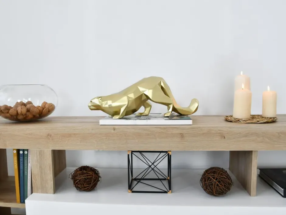 Statues & Sculptures Table Top|Low Poly^Polygon Leopard 15cm Gold Resin Indoor Sculpture