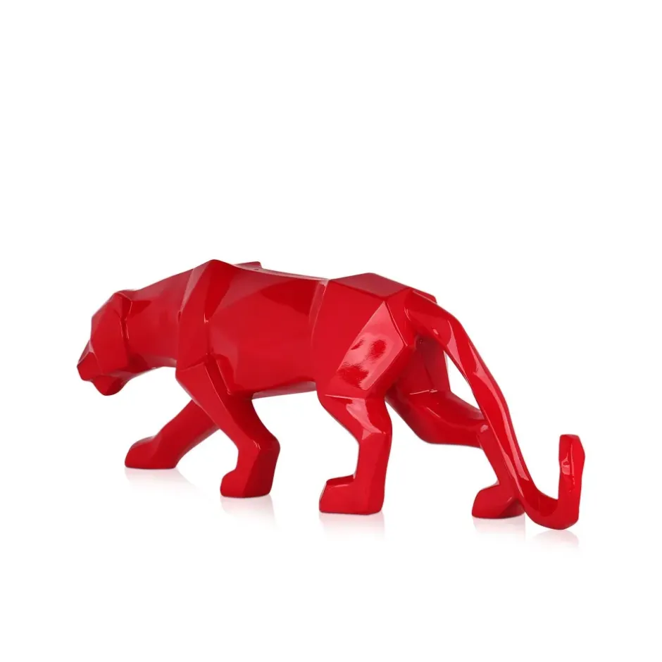 Statues & Sculptures Table Top|Low Poly^Polygon Panther 14cm Red Resin Indoor Sculpture