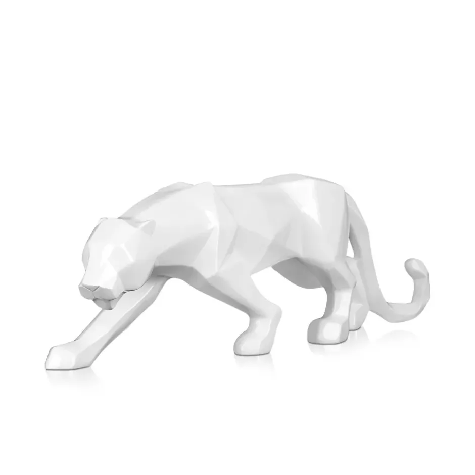 Statues & Sculptures Table Top|Low Poly^Polygon Panther 14cm White Resin Indoor Sculpture