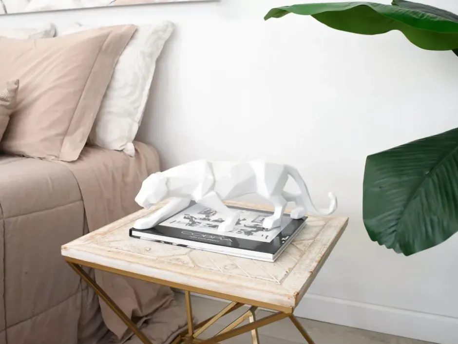 Statues & Sculptures Table Top|Low Poly^Polygon Panther 14cm White Resin Indoor Sculpture