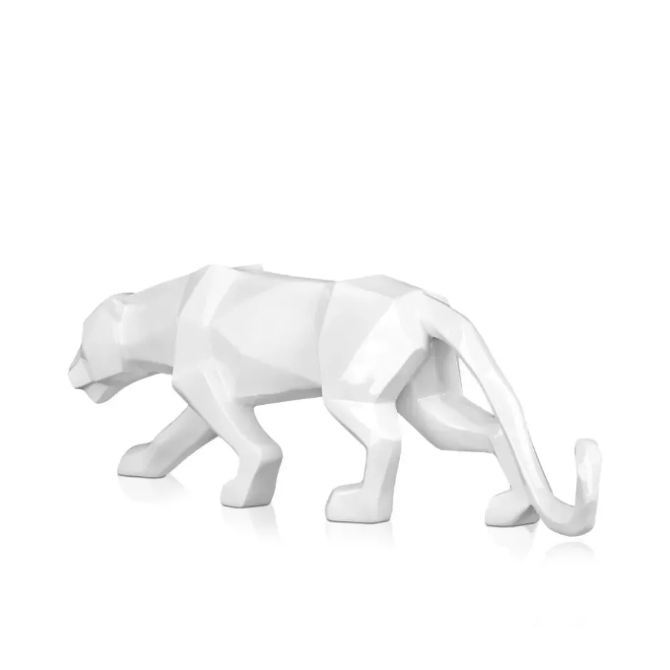 Statues & Sculptures Table Top|Low Poly^Polygon Panther 14cm White Resin Indoor Sculpture
