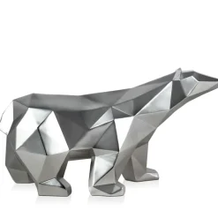 Statues & Sculptures Table Top|Low Poly^Polygon Polar Bear 25cm Silver Resin Indoor Sculpture