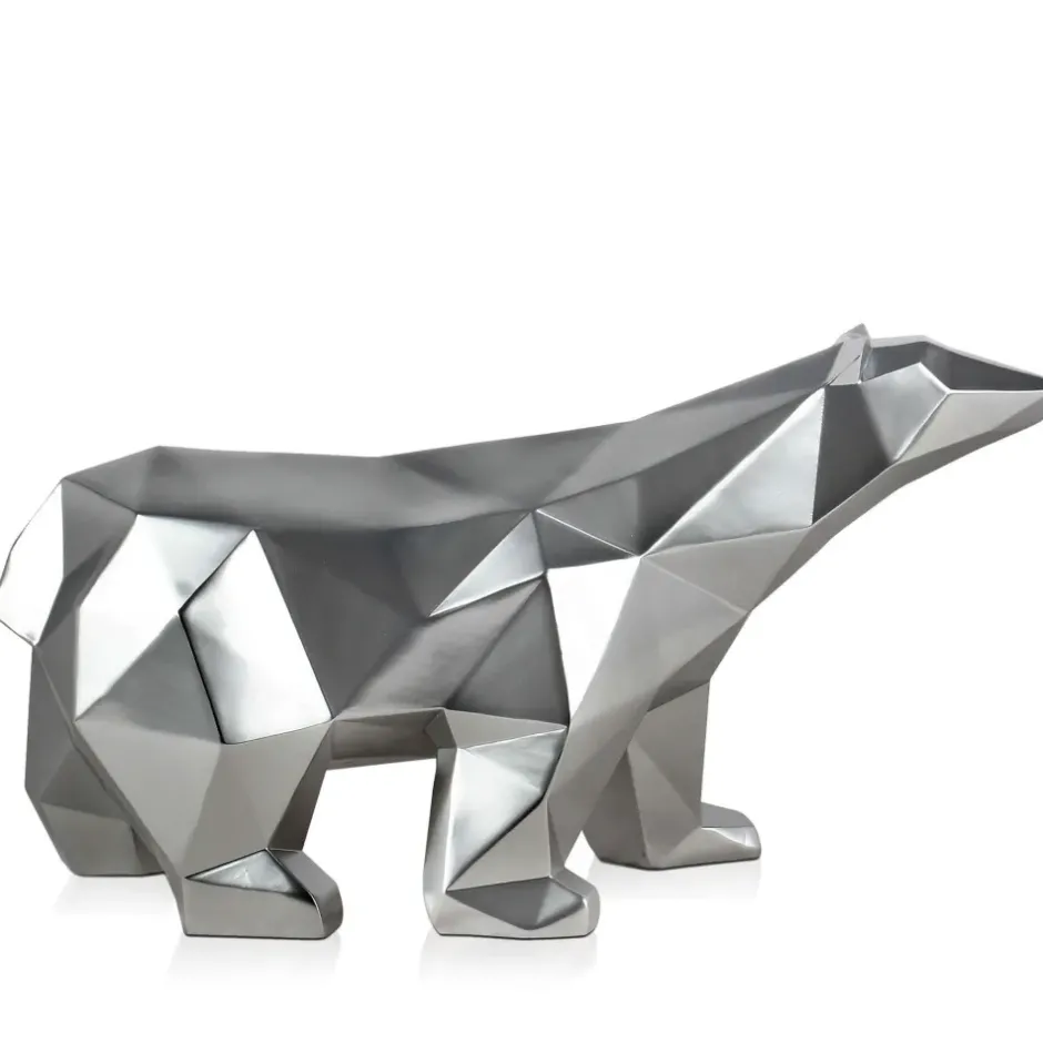 Statues & Sculptures Table Top|Low Poly^Polygon Polar Bear 25cm Silver Resin Indoor Sculpture