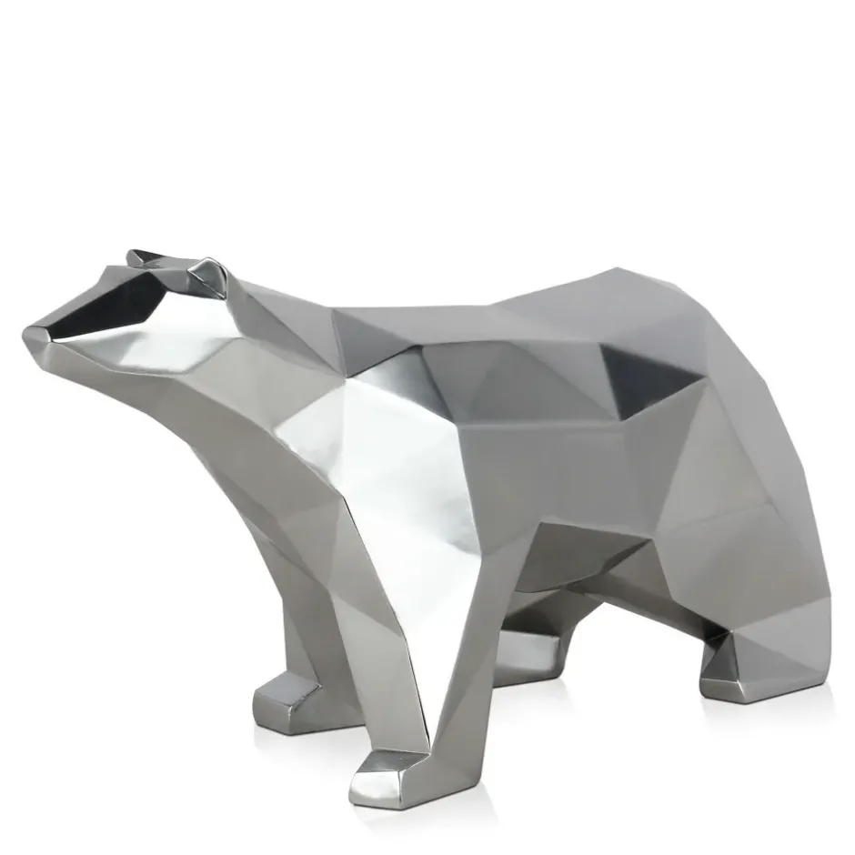 Statues & Sculptures Table Top|Low Poly^Polygon Polar Bear 25cm Silver Resin Indoor Sculpture