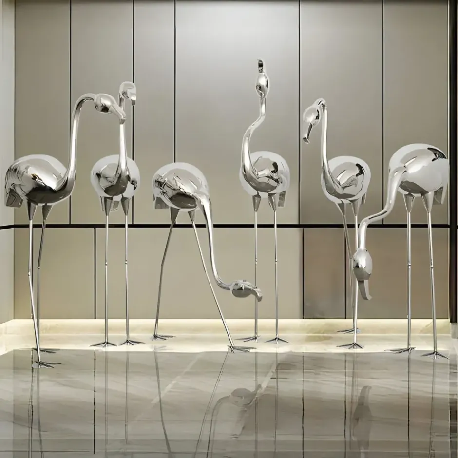 Statues & Sculptures Wildlife|Contemporary^Pure Flamingo 124cm Silver Metal Garden Sculpture