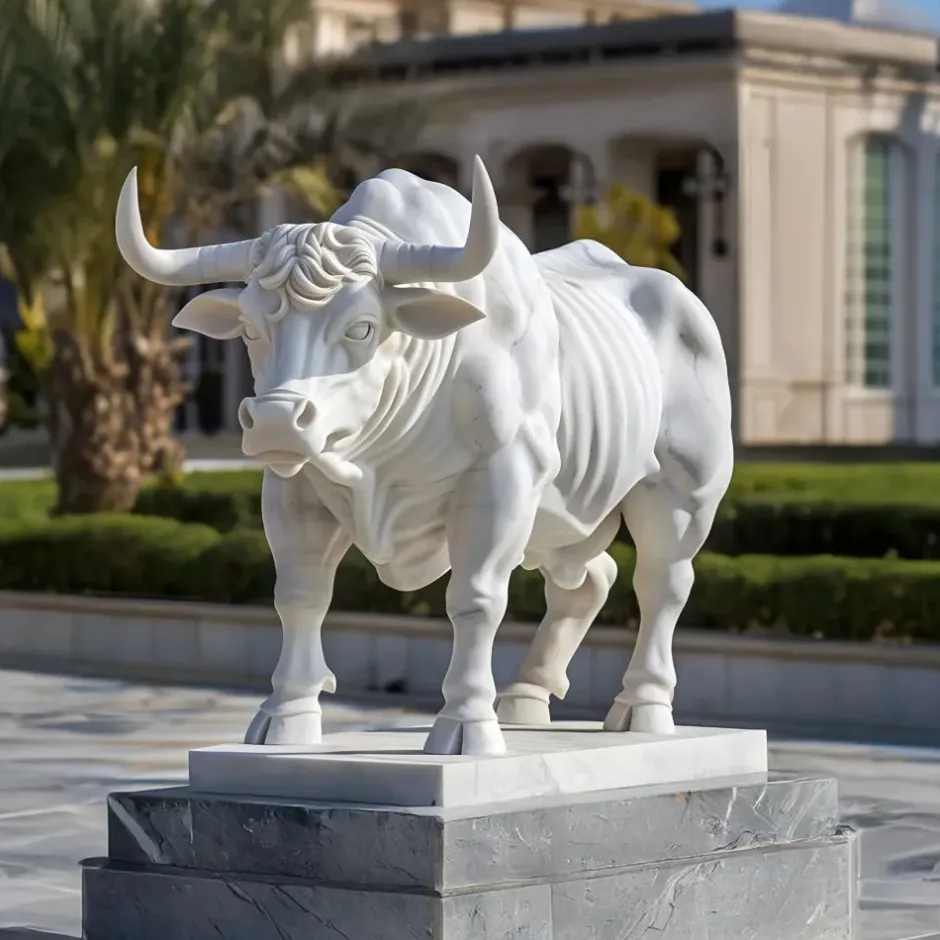Statues & Sculptures Farm|Modern^Regal Bull 120cm White Marble Garden Statue v3