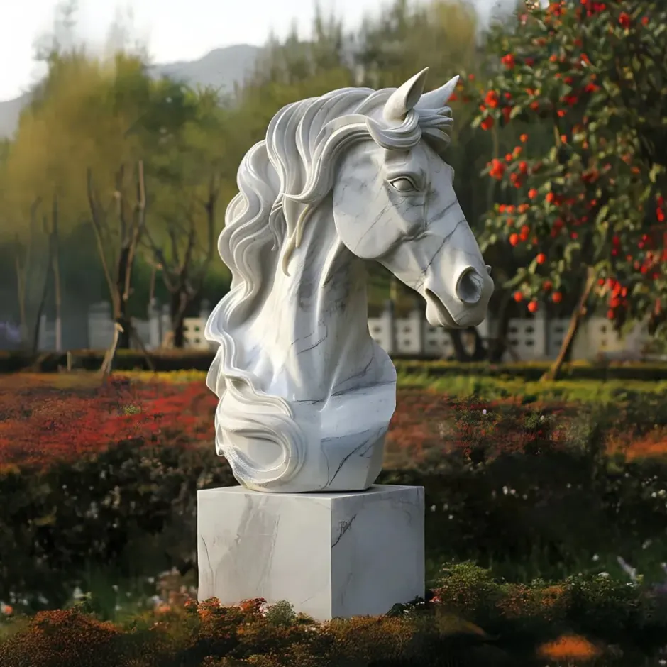 Statues & Sculptures Horses|Modern^Regal Horse Head 120cm White Marble Garden Statue