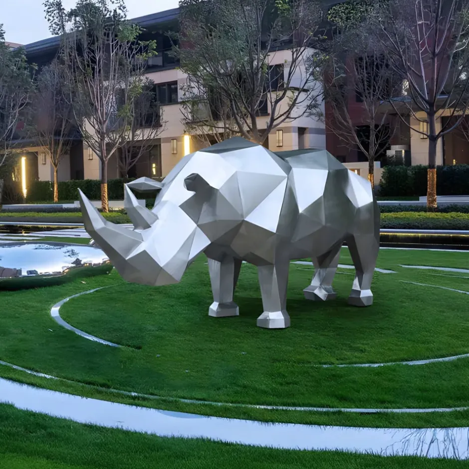 Statues & Sculptures Wildlife|Contemporary^Rhino 100cm Geometric Metal Garden Sculpture