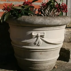 Statues & Sculptures Large|Round^Ribbon Vase 12" Stone Garden Planter
