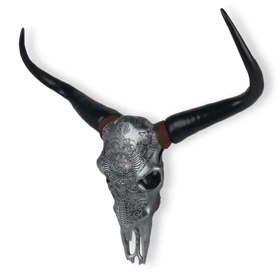Statues & Sculptures Wall Art|Animals^Sacred Buffalo 63cm Silver Resin Wall Sculpture