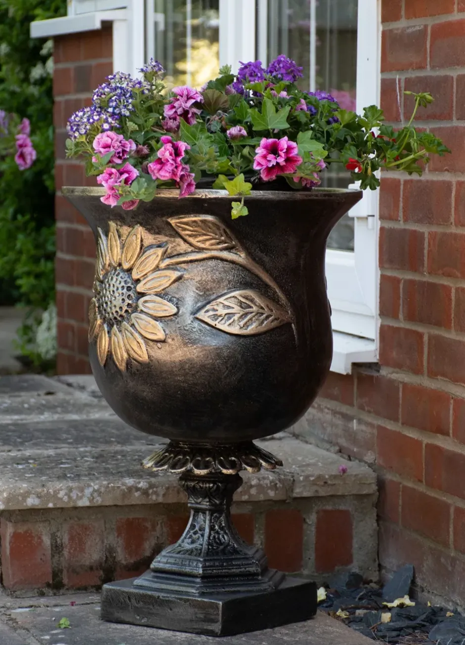 Statues & Sculptures Round^Sunflower Urn Bronze Metal Garden Planter